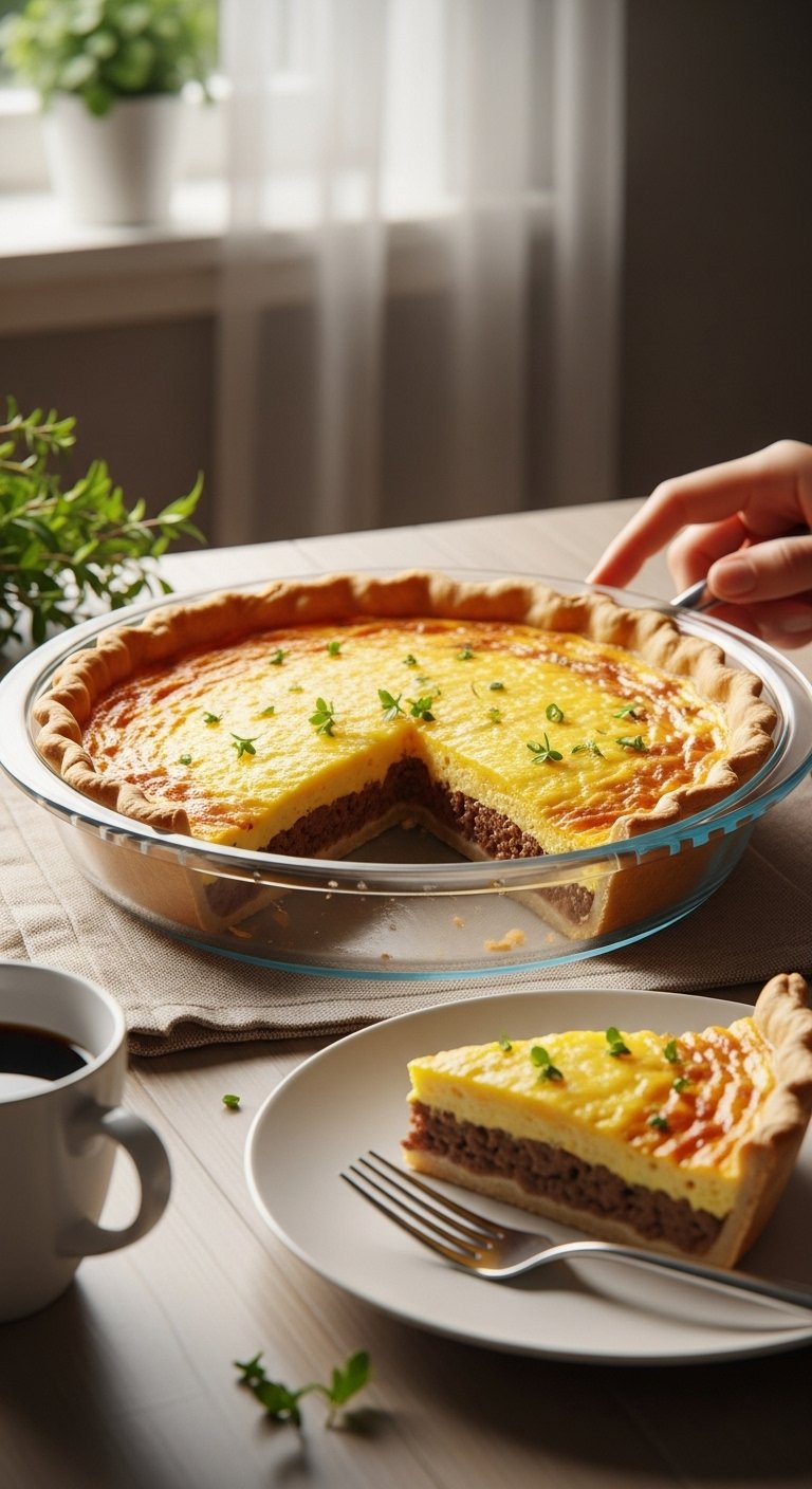 keto hamburger quiche slice golden brown savory layers coffee fork