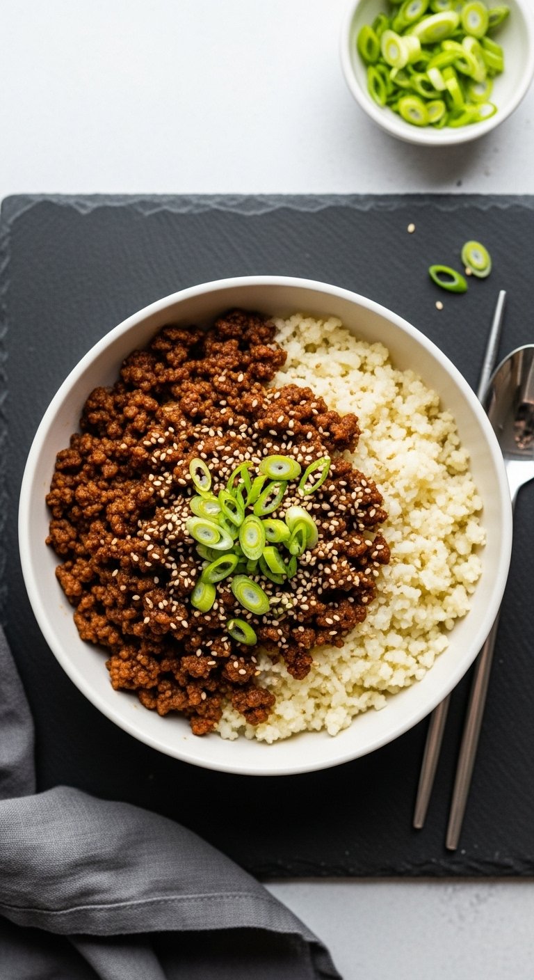 keto korean beef with cauli rice garnished with scallions sesame seeds elegant minimalist bowl
