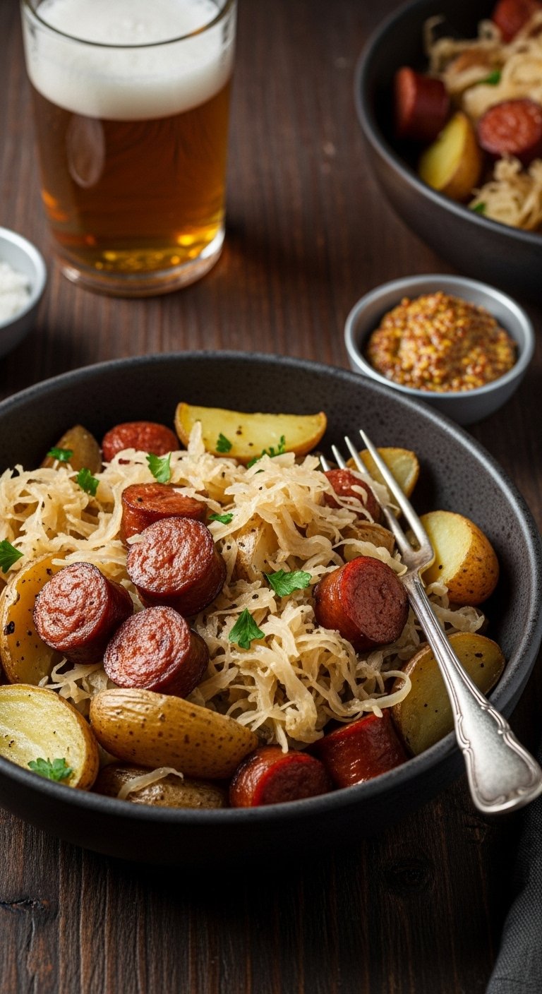kielbasa sausage fingerling potatoes and sauerkraut in rustic bowl with mustard for easy crockpot dump and go dinner