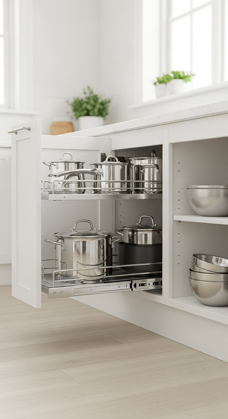 kitchen-pull-out-shelf-organized-pots-pans