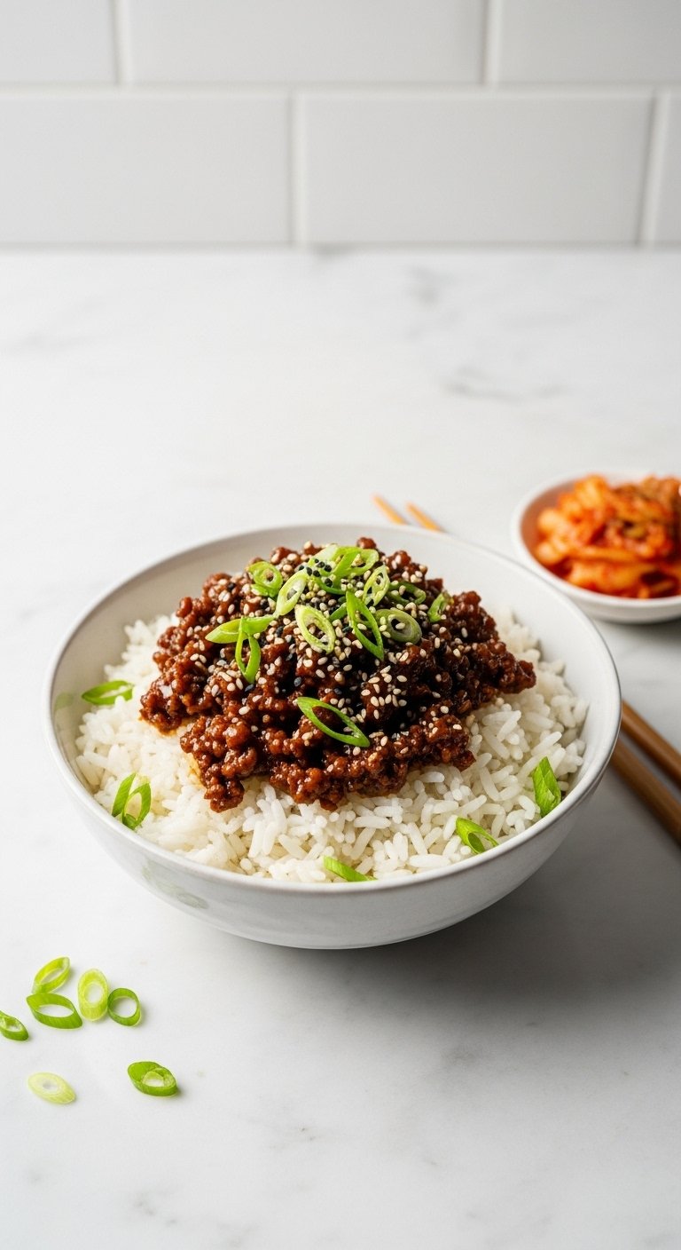korean inspired ground beef bowl with rice and sesame seeds
