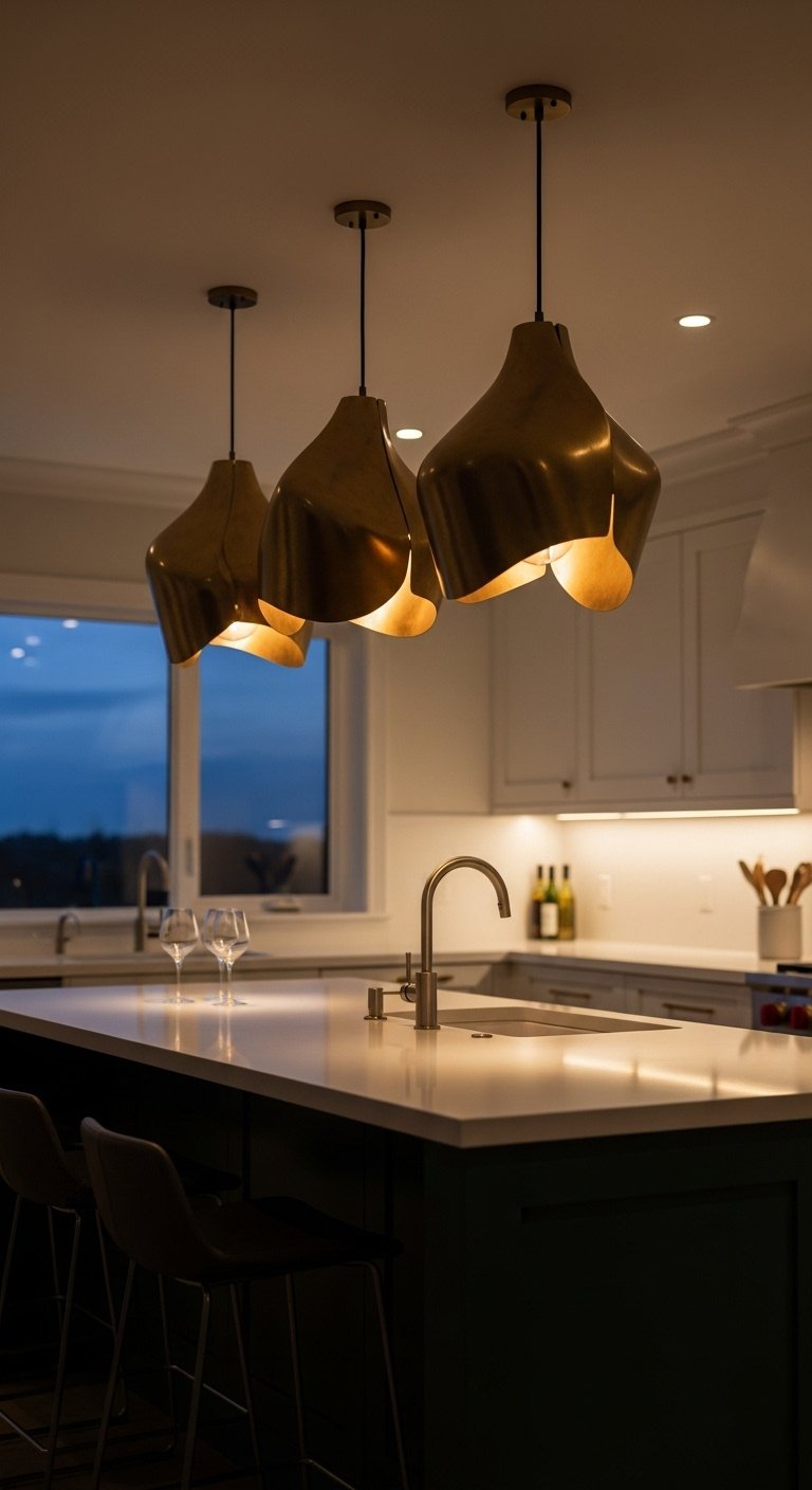 layered lighting brass pendant lights dark green kitchen island polished chrome faucet wine glasses ambient light 8k high resolution modern kitchen