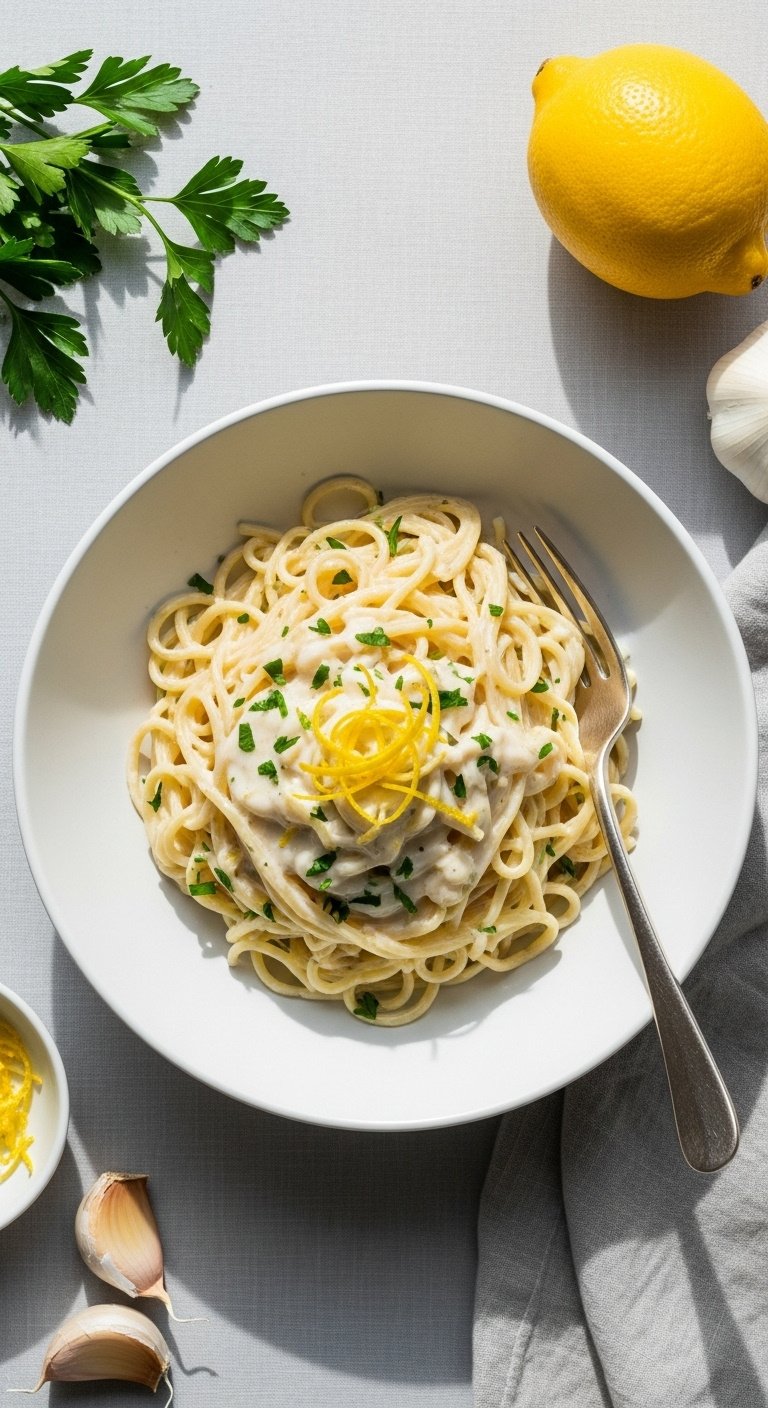 lemon garlic alfredo pasta with lemon zest and parsley in white bowl on light gray linen background