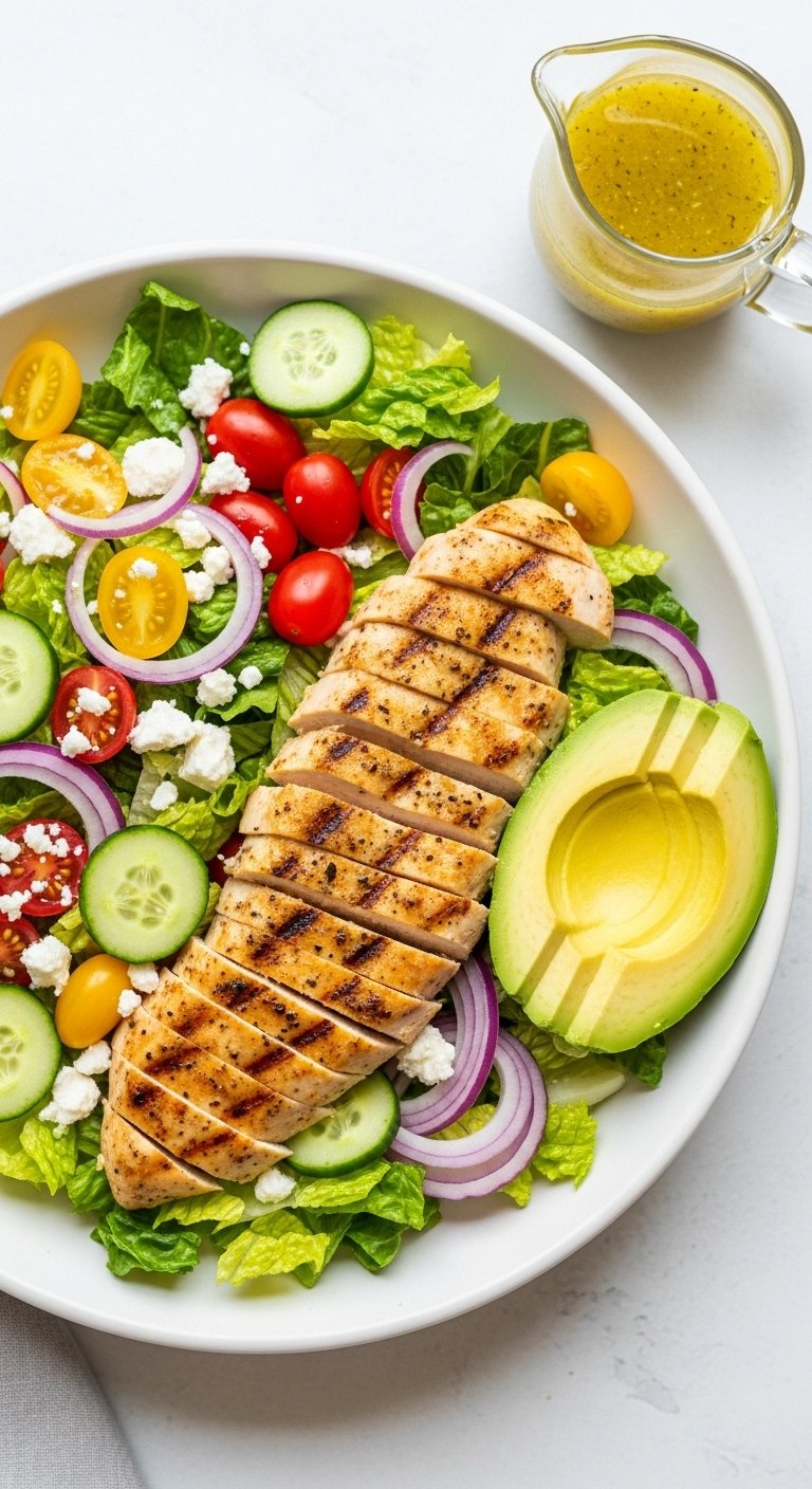 lemon herb grilled chicken salad with fresh vegetables and avocado in white bowl
