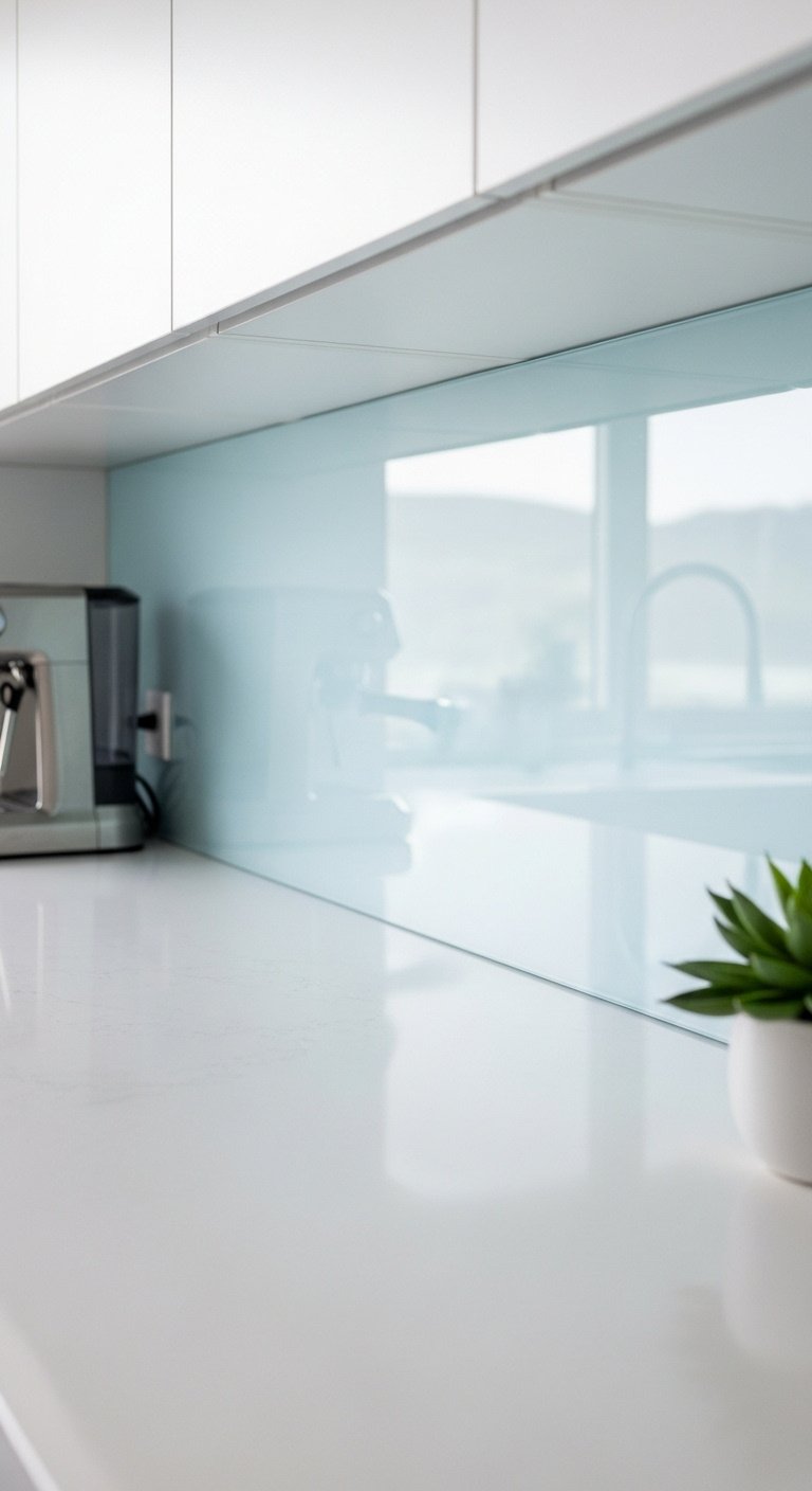 light blue glass slab backsplash white solid surface countertop stainless steel espresso machine green succulent high resolution 8K