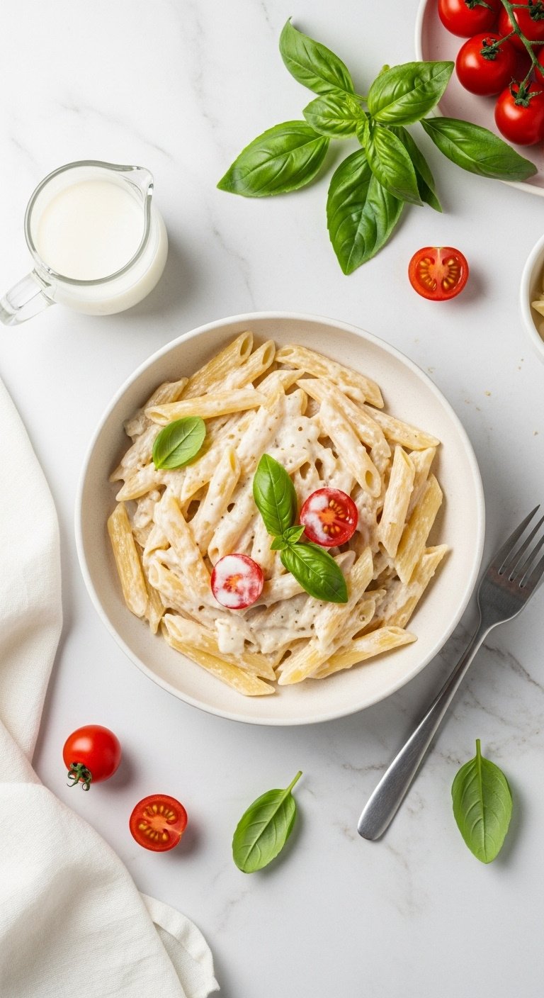lighter alfredo sauce with penne pasta on white marble countertop with fresh basil and cherry tomatoes