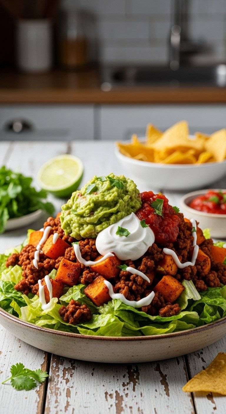 loaded sweet potato taco bowl guacamole sour cream salsa lime vertical portrait