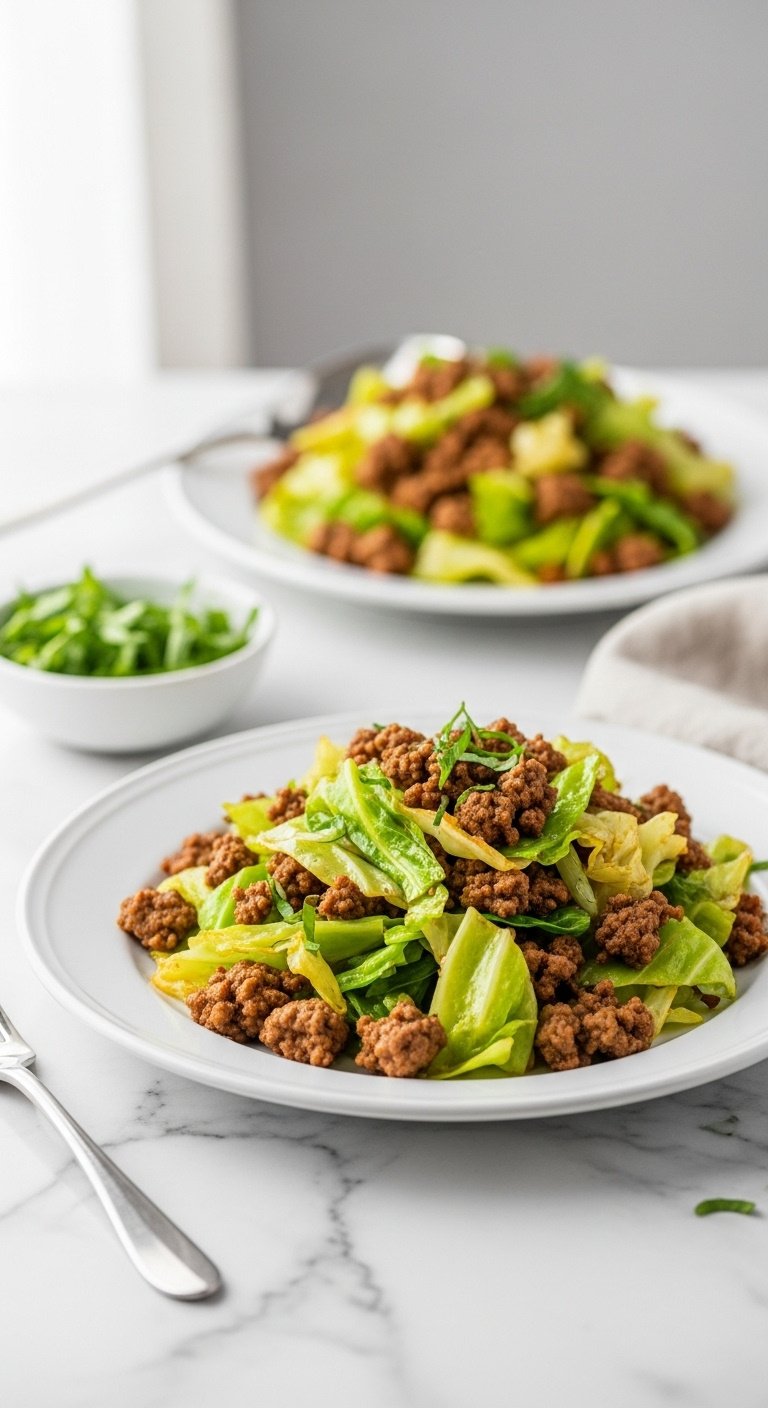low-carb ground beef and cabbage skillet keto-friendly clean plate vertical portrait