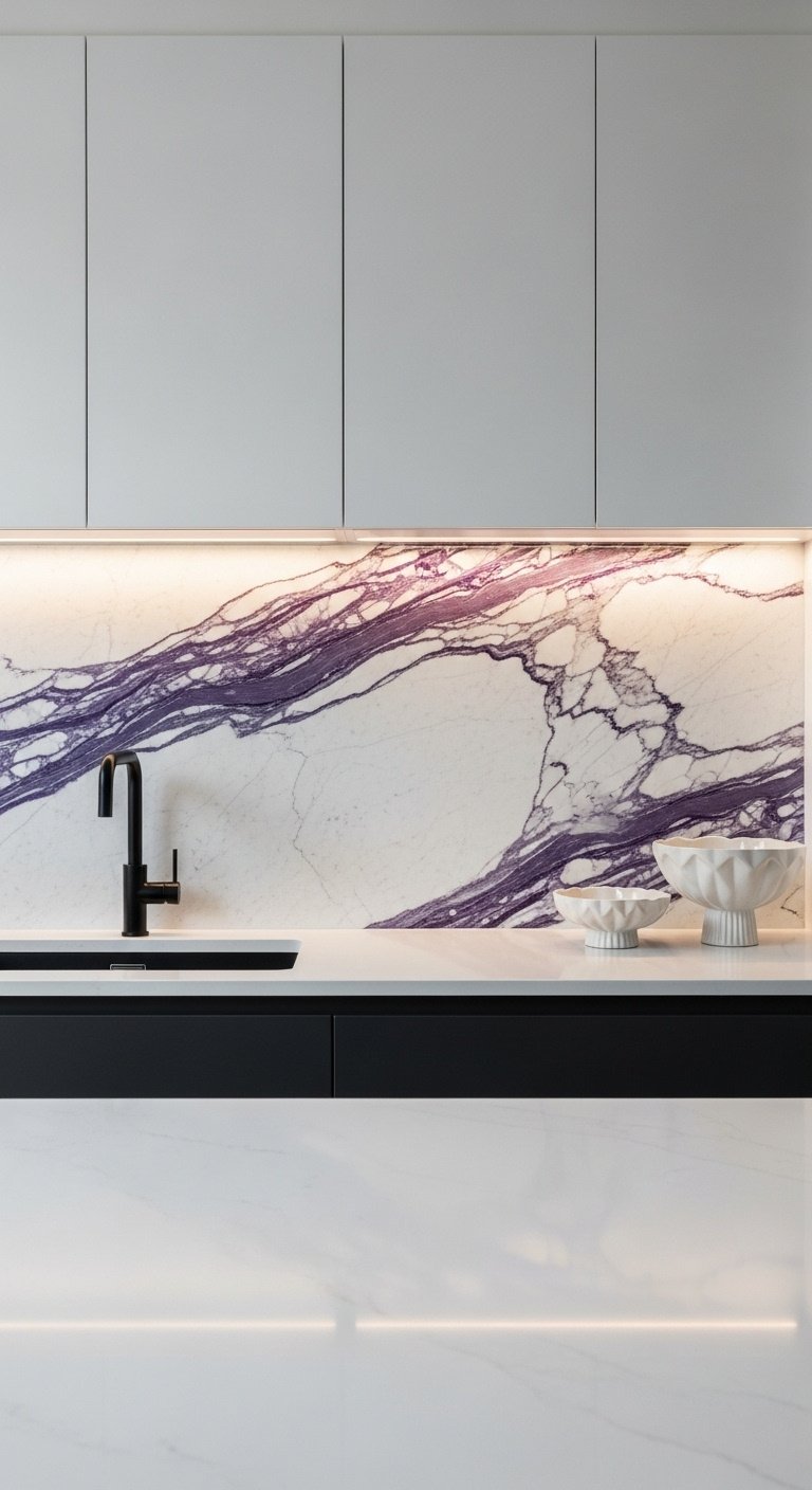 luminous statement backsplash bookmatched calacatta viola marble purple grey veining white quartz countertop dark charcoal cabinets 8k high resolution