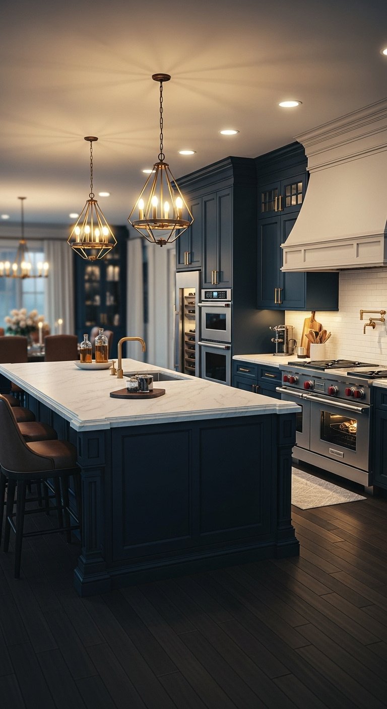 luxurious family kitchen bloxburg navy blue cabinets double island marble countertop stainless steel appliances leather barstools high resolution 8K grand design