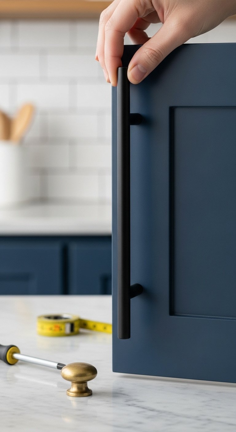 matte-black-cabinet-pull-installation-navy-shaker-door-marble-countertop