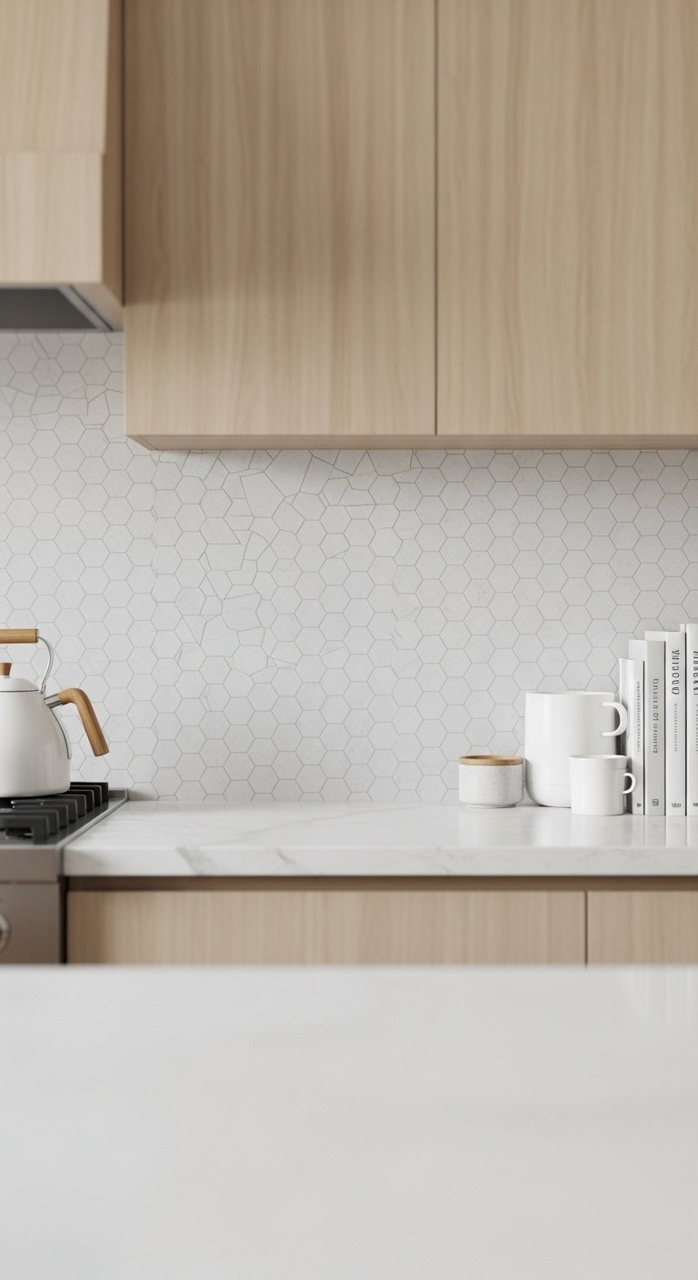 matte white hexagon tile backsplash light gray grout minimalist quartz countertop cookbooks white ceramic kettle high resolution 8K