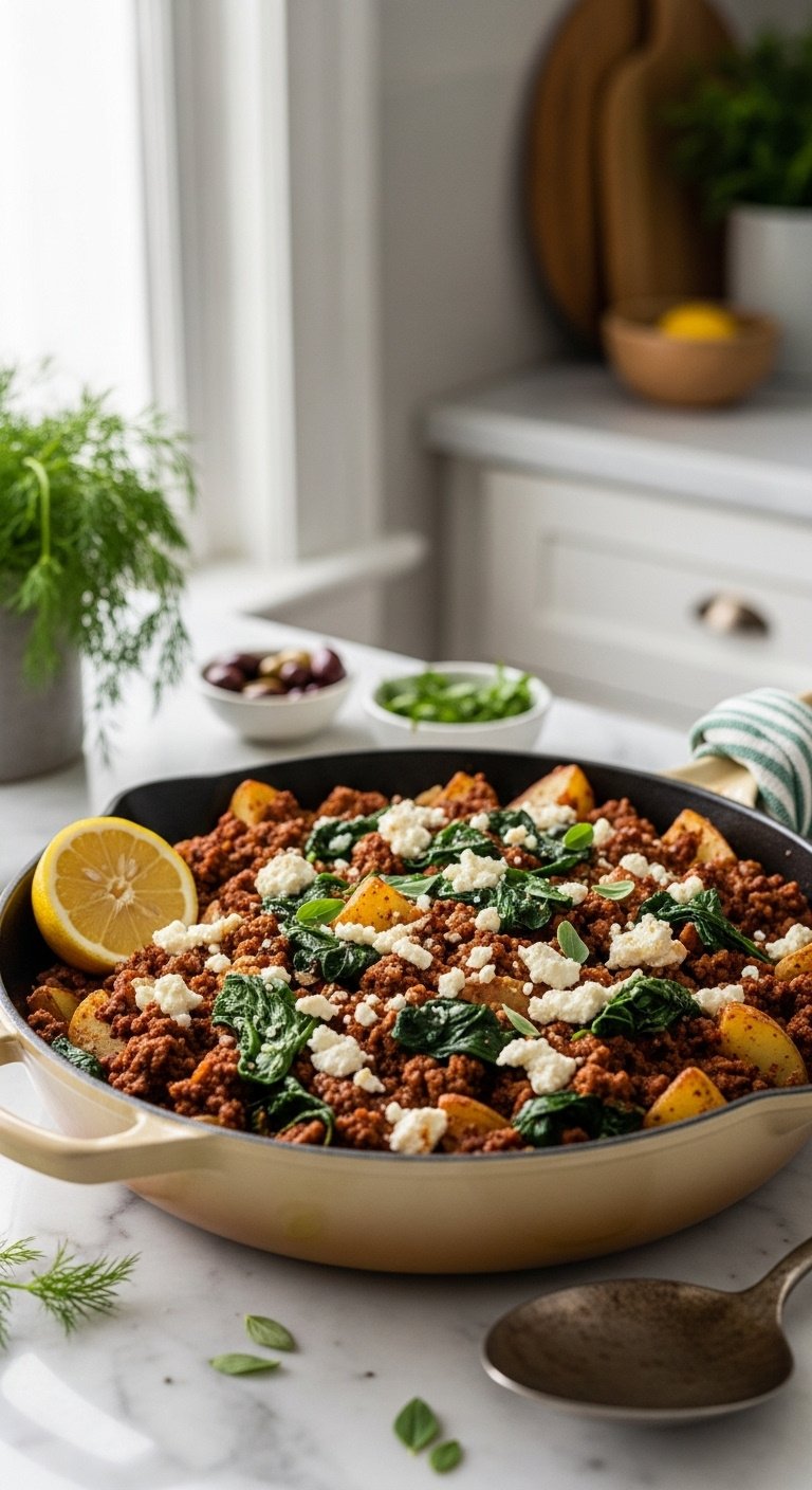 mediterranean-ground-beef-potato-skillet-with-spinach-feta