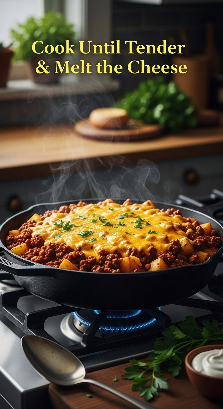 melted-cheddar-on-ground-beef-and-potatoes-in-cast-iron-skillet