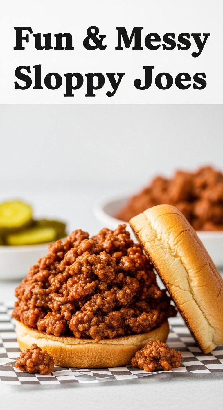 messy sloppy joe with toasted bun and pickles