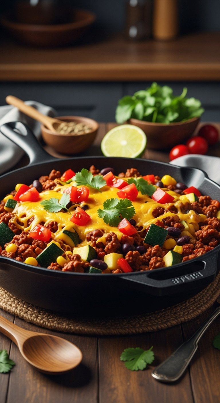 mexican-inspired-ground-beef-and-zucchini-skillet-melted-cheddar-cilantro-diced-tomatoes-bell-peppers-corn-black-beans