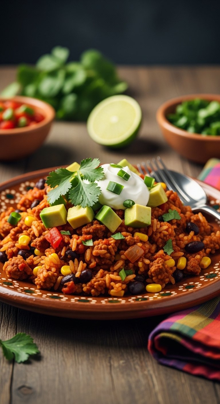 mexican-inspired-ground-beef-rice-skillet-avocado-sour-cream-cilantro