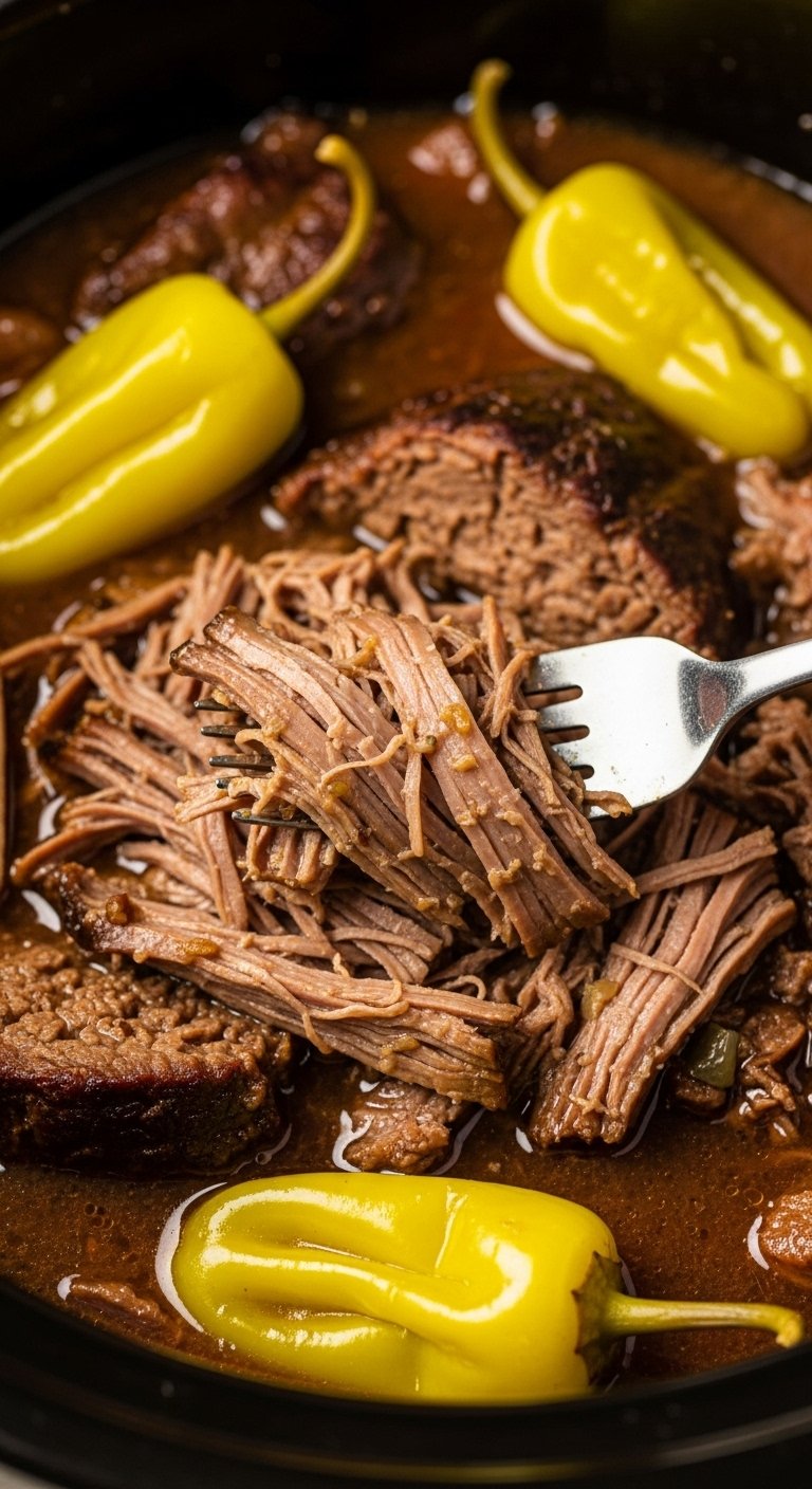 mississippi pot roast being shredded in slow cooker with gravy and pepperoncini for easy crockpot dump and go dinner