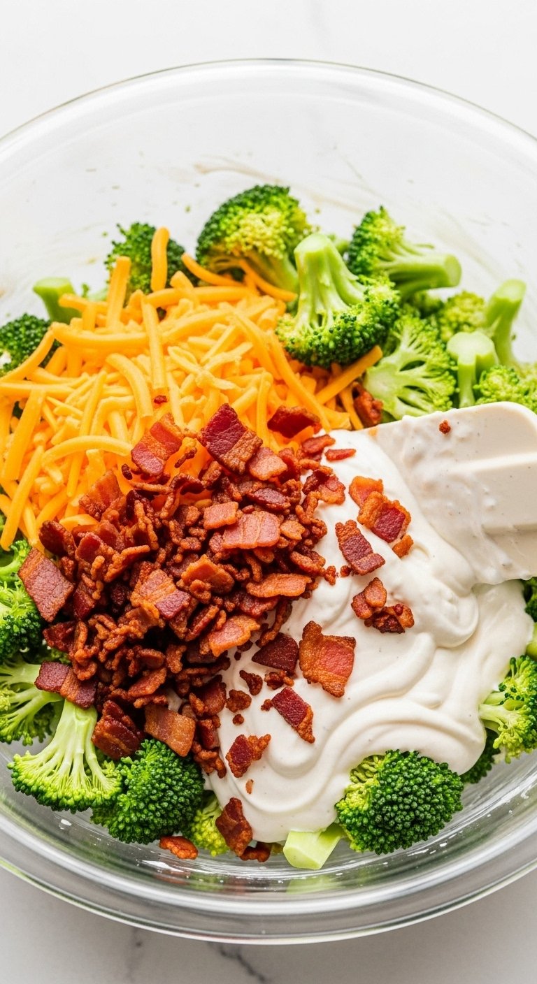 mixing broccoli cheddar cheese bacon and creamy dressing in glass bowl for chicken salad chick broccoli salad
