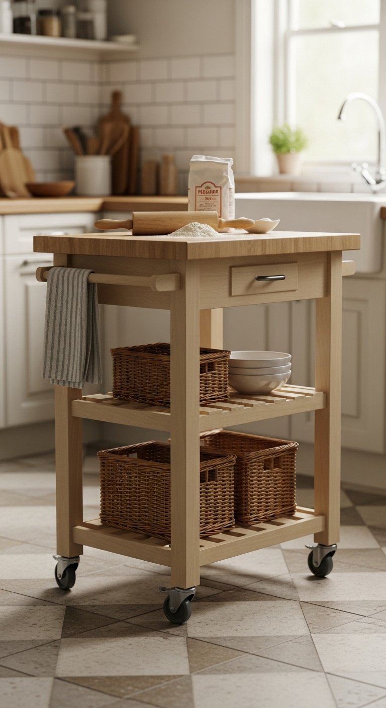 mobile kitchen island natural wood butcher block shelf wicker baskets checkered tile floor rustic cozy design 8K high resolution