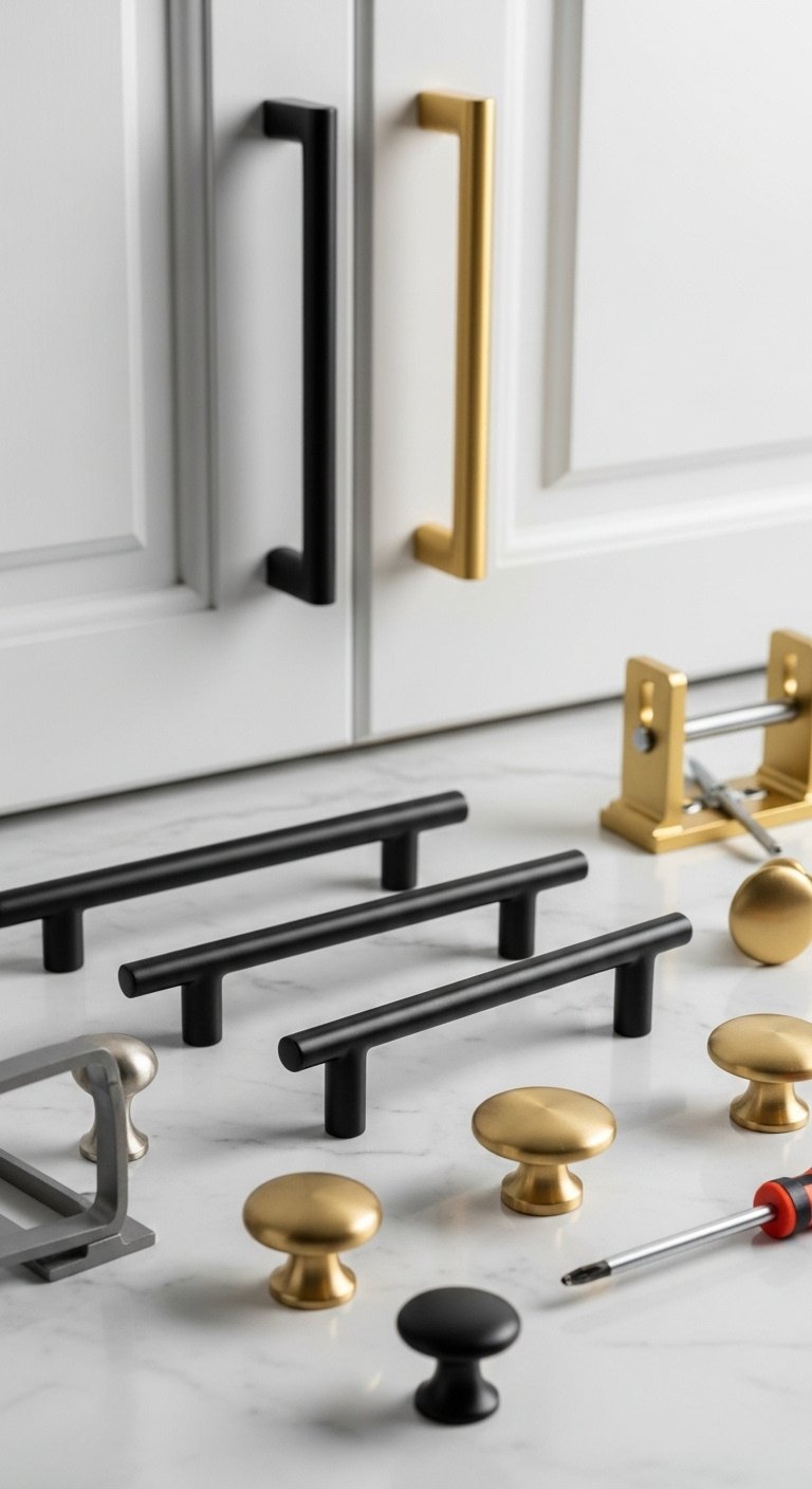 modern-cabinet-hardware-matte-black-bar-pulls-brushed-gold-knobs-marble-countertop