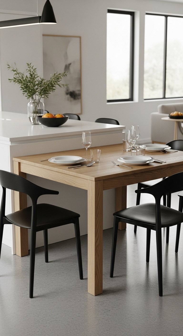 modern kitchen island white quartz dining table natural oak black chairs polished concrete floor high resolution 8K seamless design elegant place settings