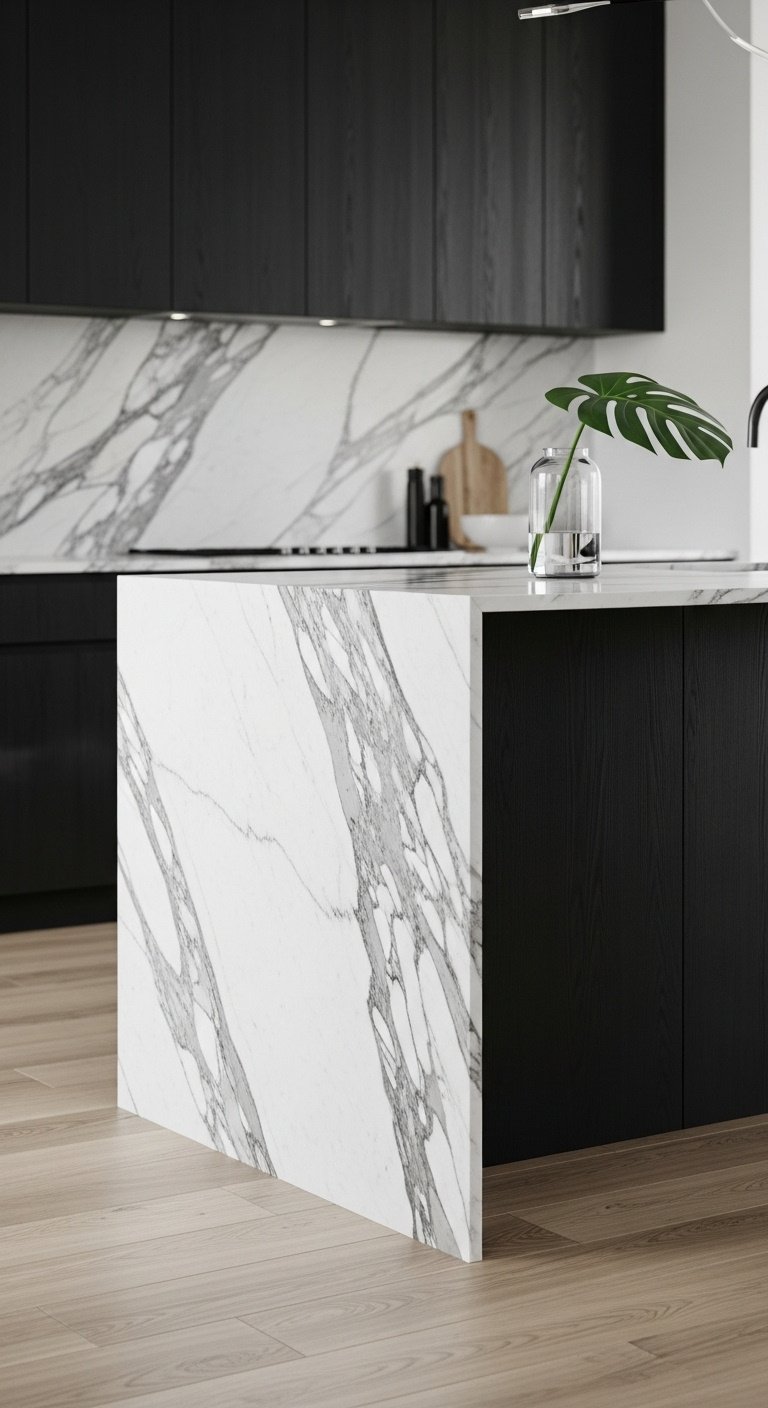 modern waterfall edge kitchen island white marble dark matte black wood minimalist design 8K high resolution detailed textures luxury kitchen decor