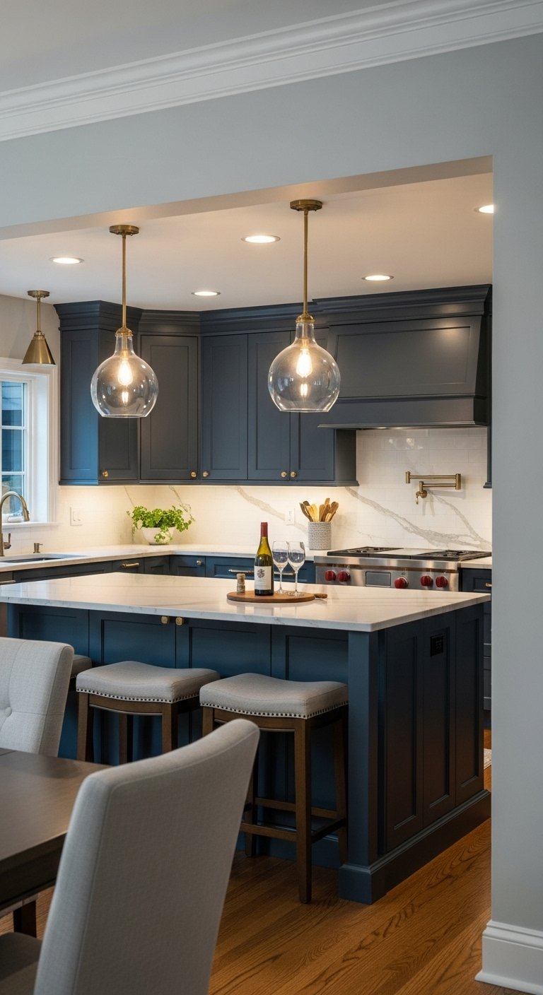modified U-shaped kitchen peninsula bar navy blue cabinets marble countertops wine glasses elegant lighting