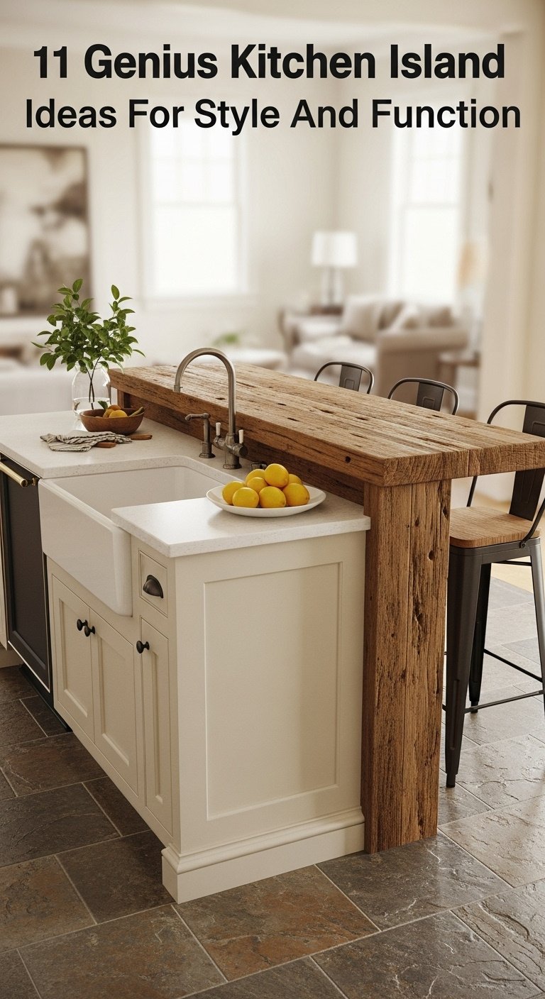 multi-level kitchen island white quartz reclaimed wood black metal bar stools slate tile floor fresh lemons warm inviting design high resolution 8K