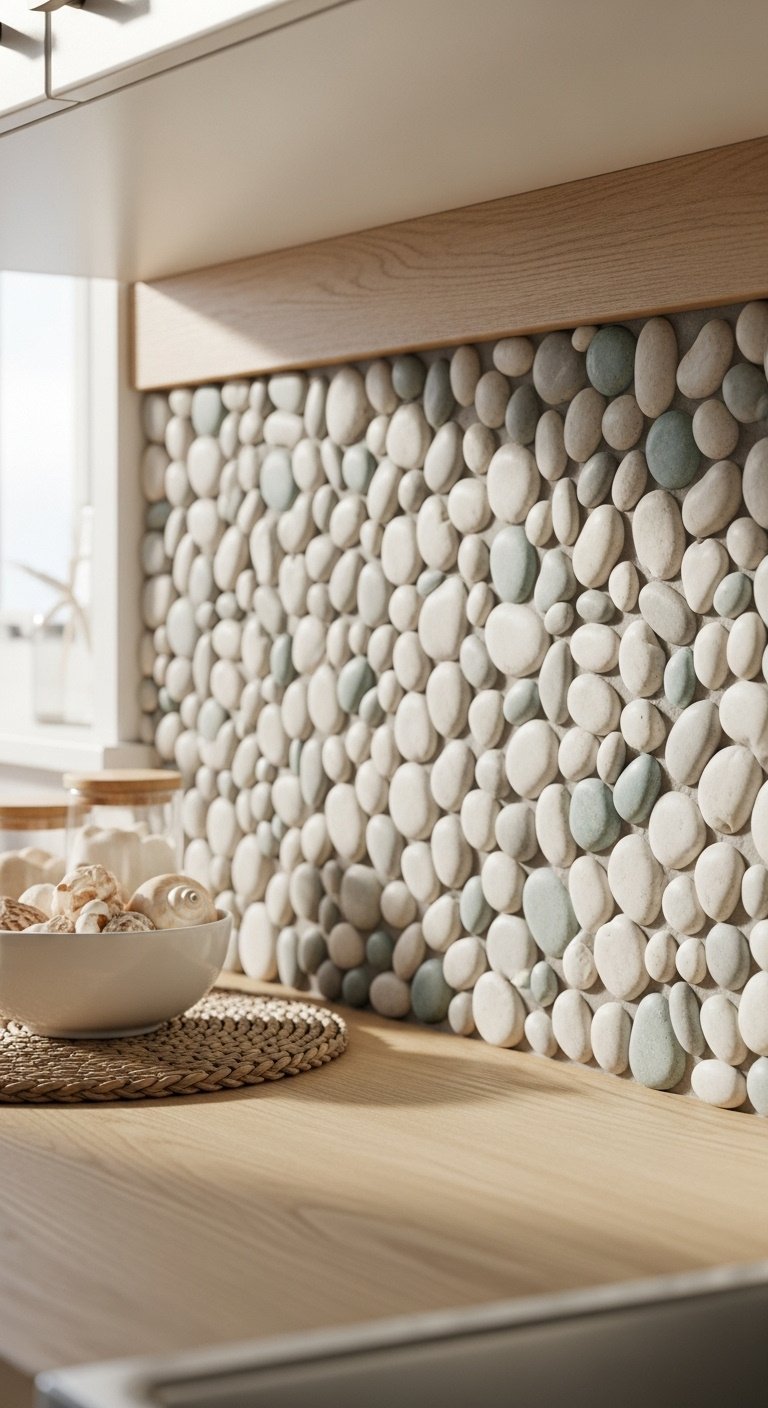 natural river pebble tile backsplash light gray cream blue-green soft wood accents ceramic bowl beach shells woven placemat high resolution 8K