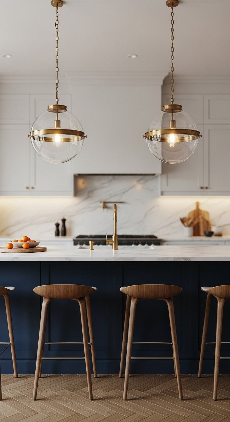 navy blue kitchen island brass glass globe pendant lights white marble top herringbone wood floor elegant minimalist design high resolution 8K