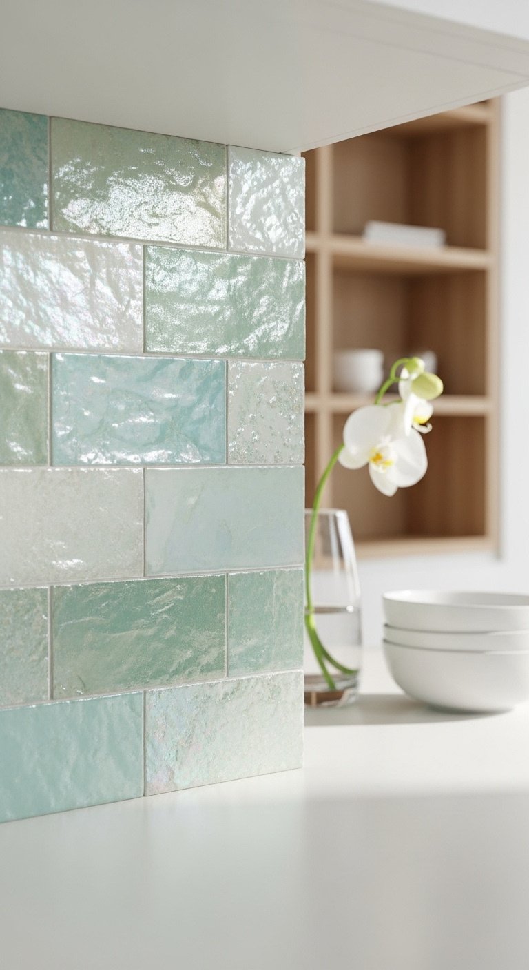 ocean inspired zellige tiles seafoam green turquoise iridescent backsplash white countertop orchid vase ceramic bowls high resolution 8K