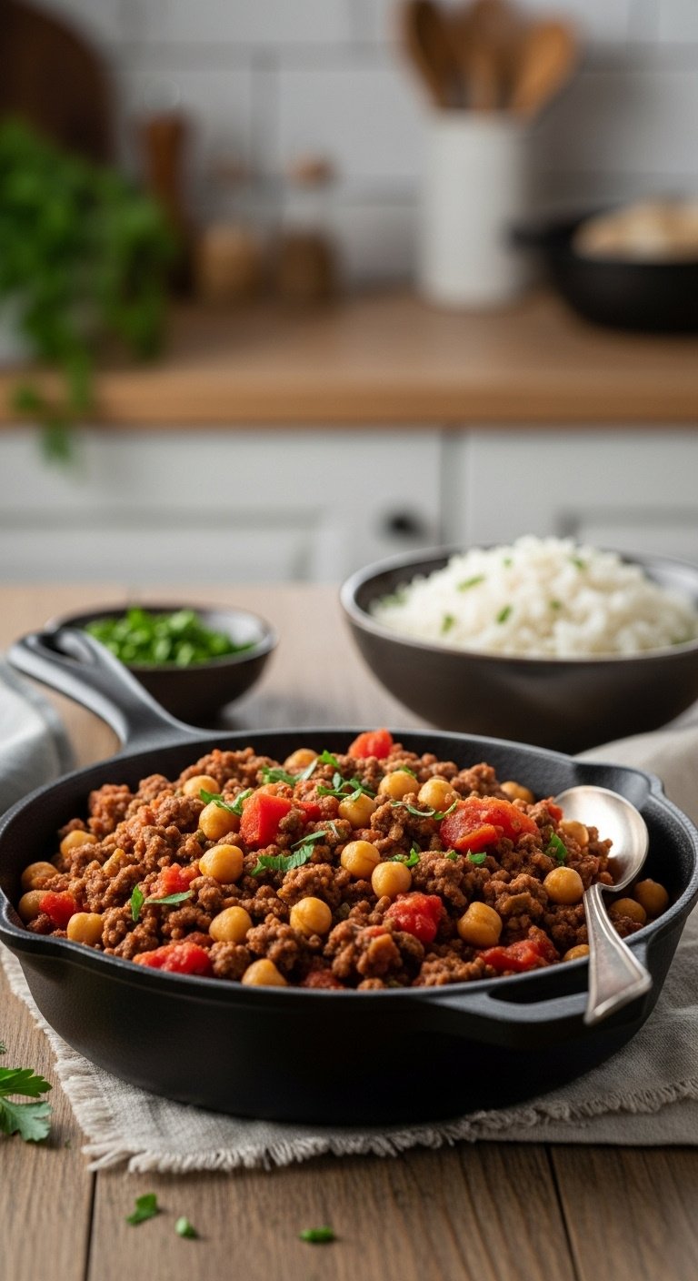 one-pan-beef-and-chickpeas-stew-in-cast-iron-skillet-with-tomato-herbs-and-basmati-rice