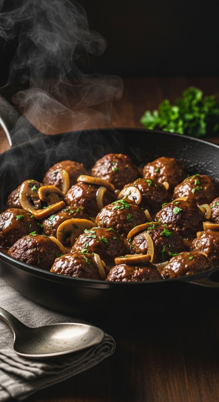one-pan-salisbury-steak-meatballs-and-gravy-with-mushrooms-and-chopped-parsley