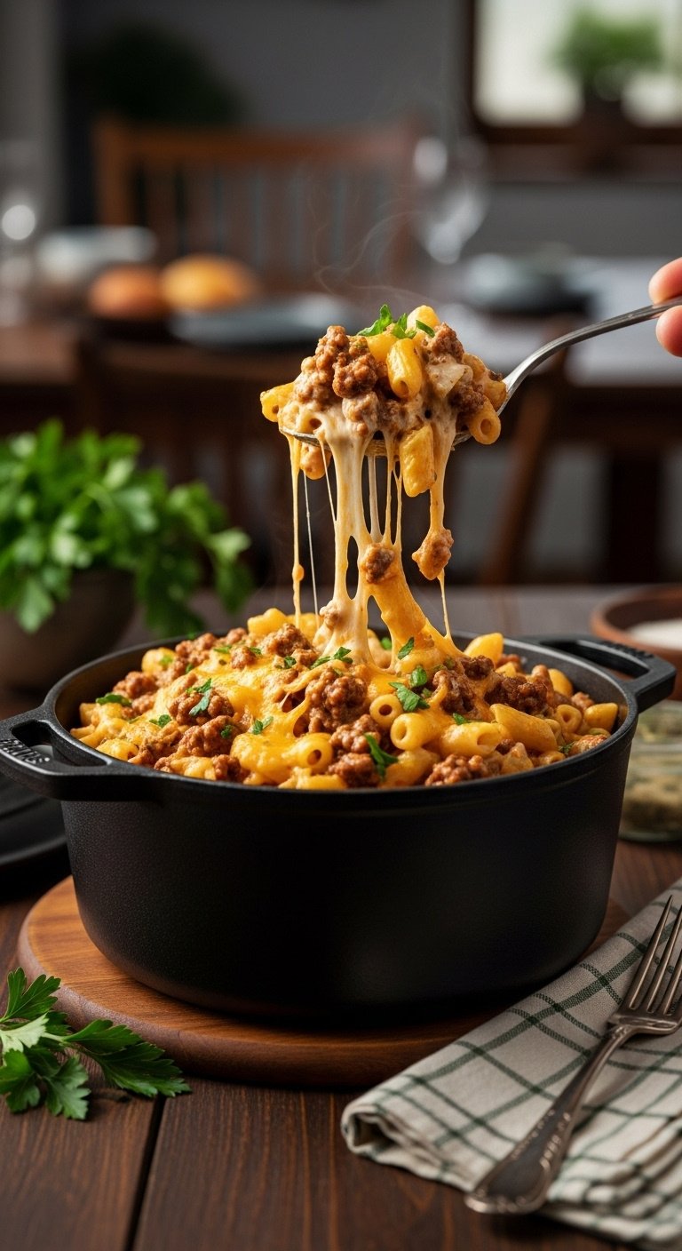 one pot cheeseburger pasta in cast iron dutch oven with cheese pull and parsley vertical portrait