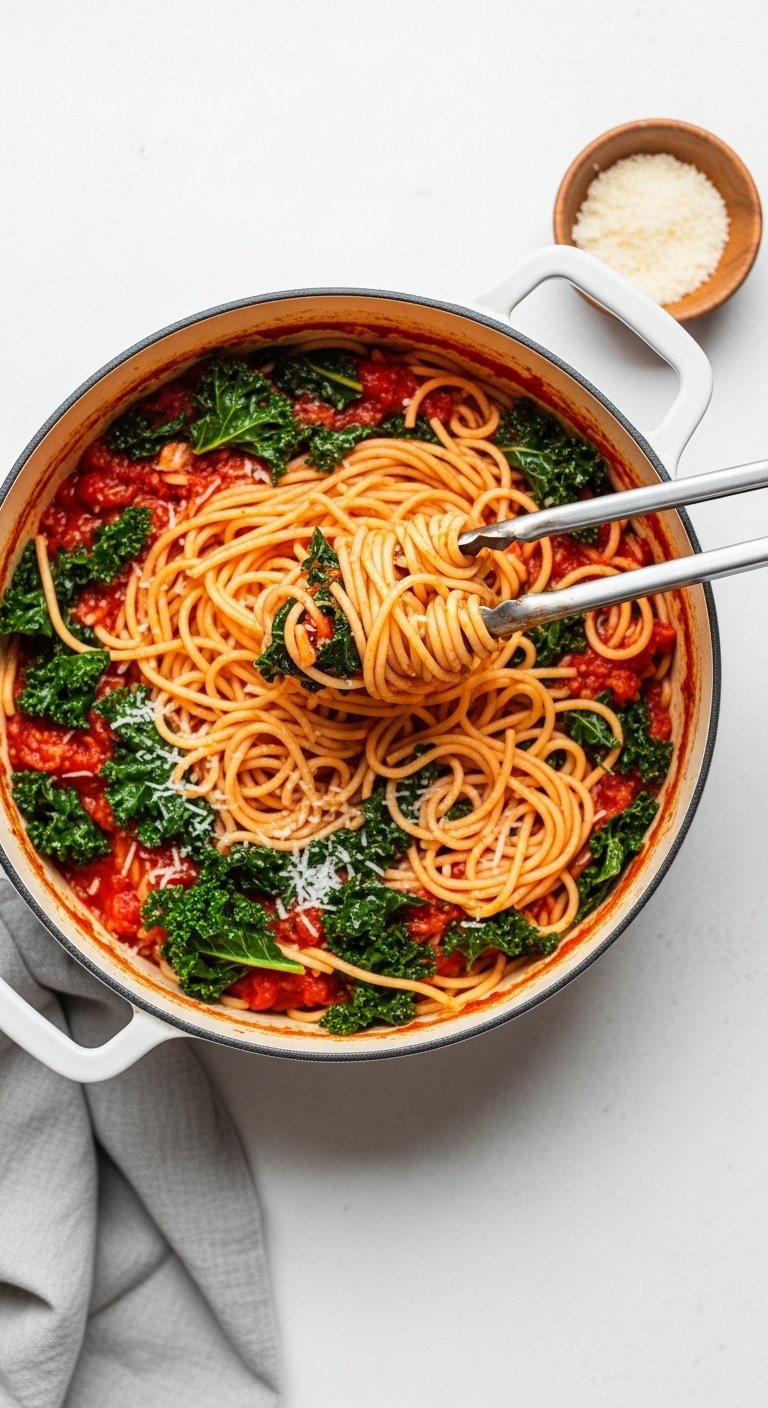 one pot spaghetti kale tomato sauce grated parmesan rustic pot