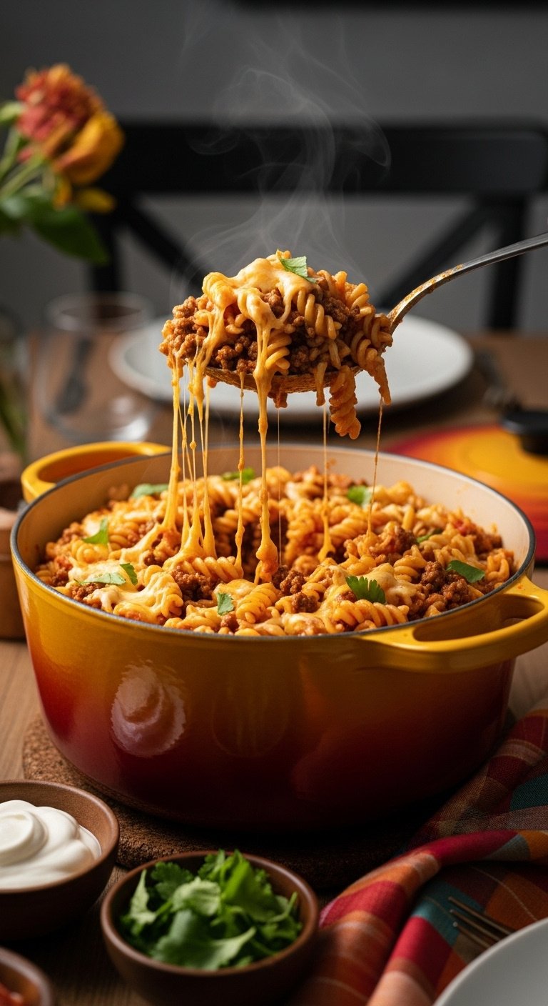 one-pot-taco-pasta-with-cheese-pull-and-ground-beef-in-dutch-oven