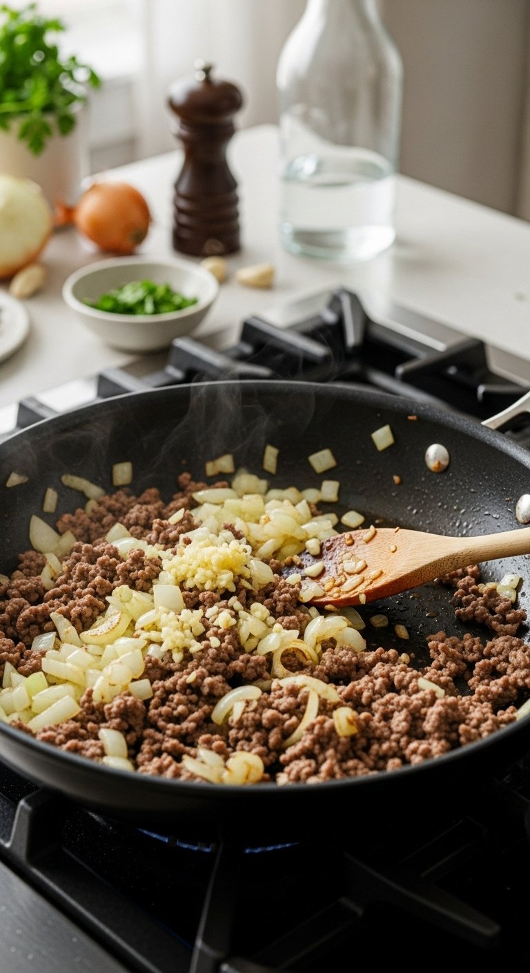 onions-garlic-sautéing-with-browned-ground-beef-skillet-wooden-spoon-golden-yellow-translucent-ingredients