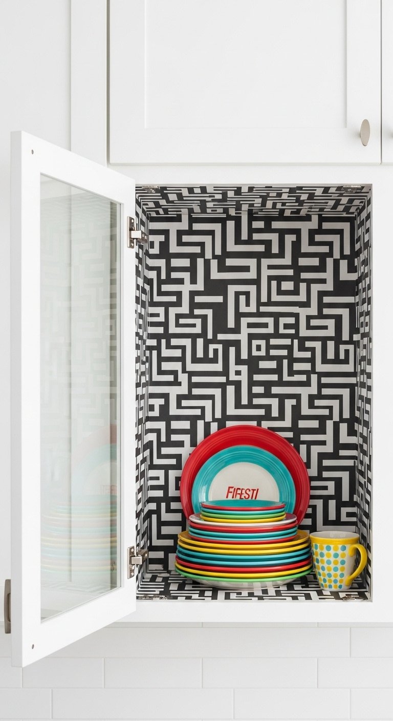 open-cabinet-glass-front-fiesta-plates-geometric-wallpaper