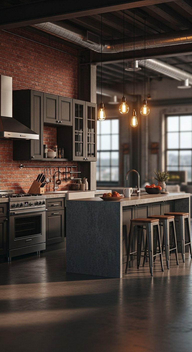 open-concept industrial loft kitchen bloxburg red brick wall concrete waterfall island metal barstools factory windows high resolution 8K urban rustic design