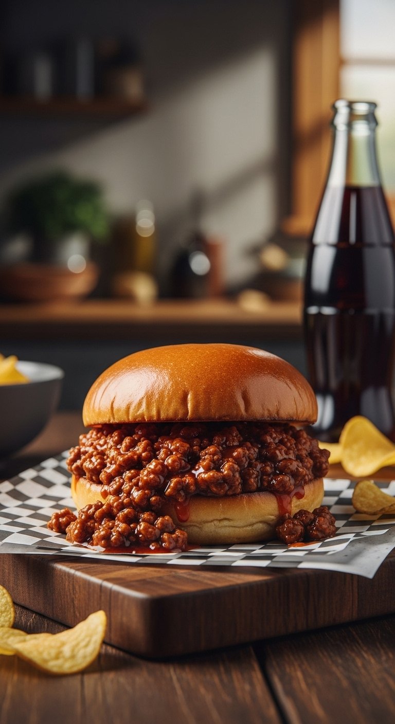 open faced sloppy joe sandwich with saucy ground beef on toasted brioche bun with potato chips and cola on checkered wax paper
