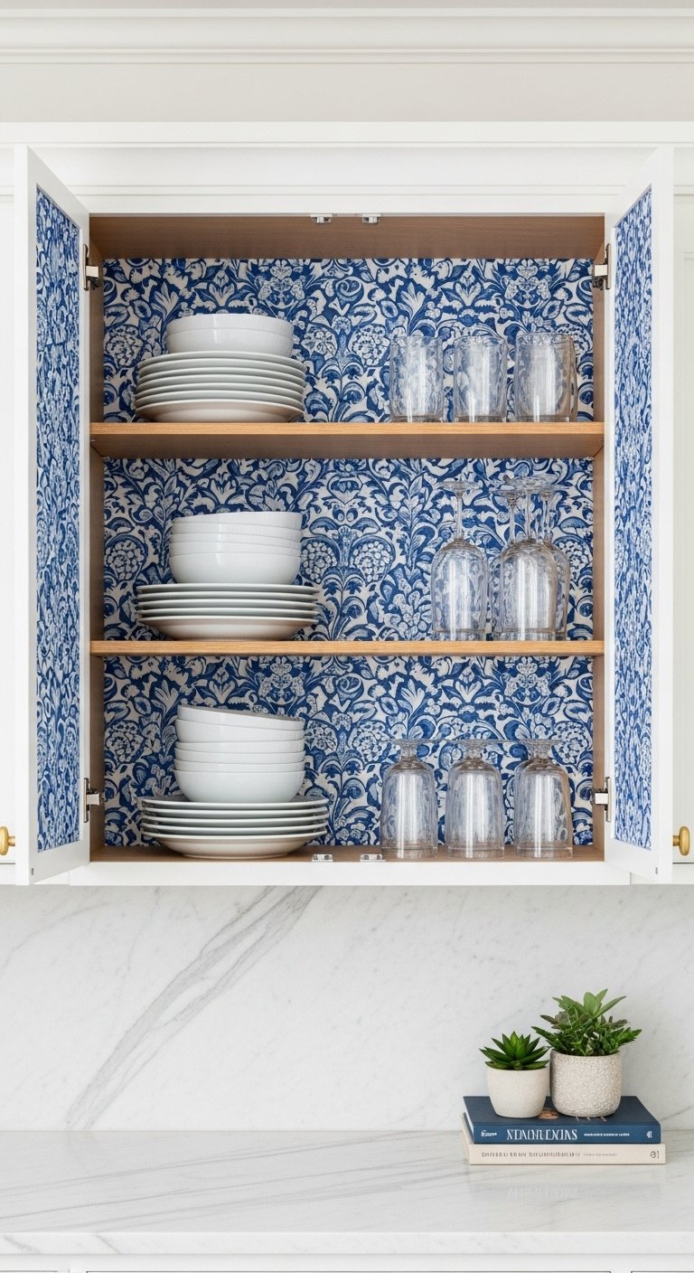 open-shelving-kitchen-cabinets-blue-floral-wallpaper-plates-glasses