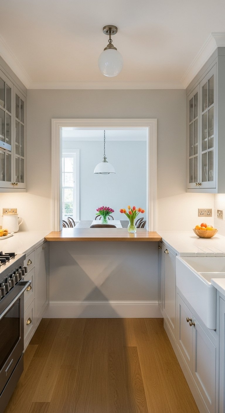 opened-up galley kitchen narrow homes pass-through counter dining room natural wood grey white clean layout