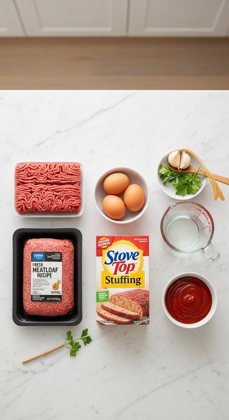 organized flat lay of meatloaf ingredients ground beef stove top stuffing eggs water ketchup on marble countertop