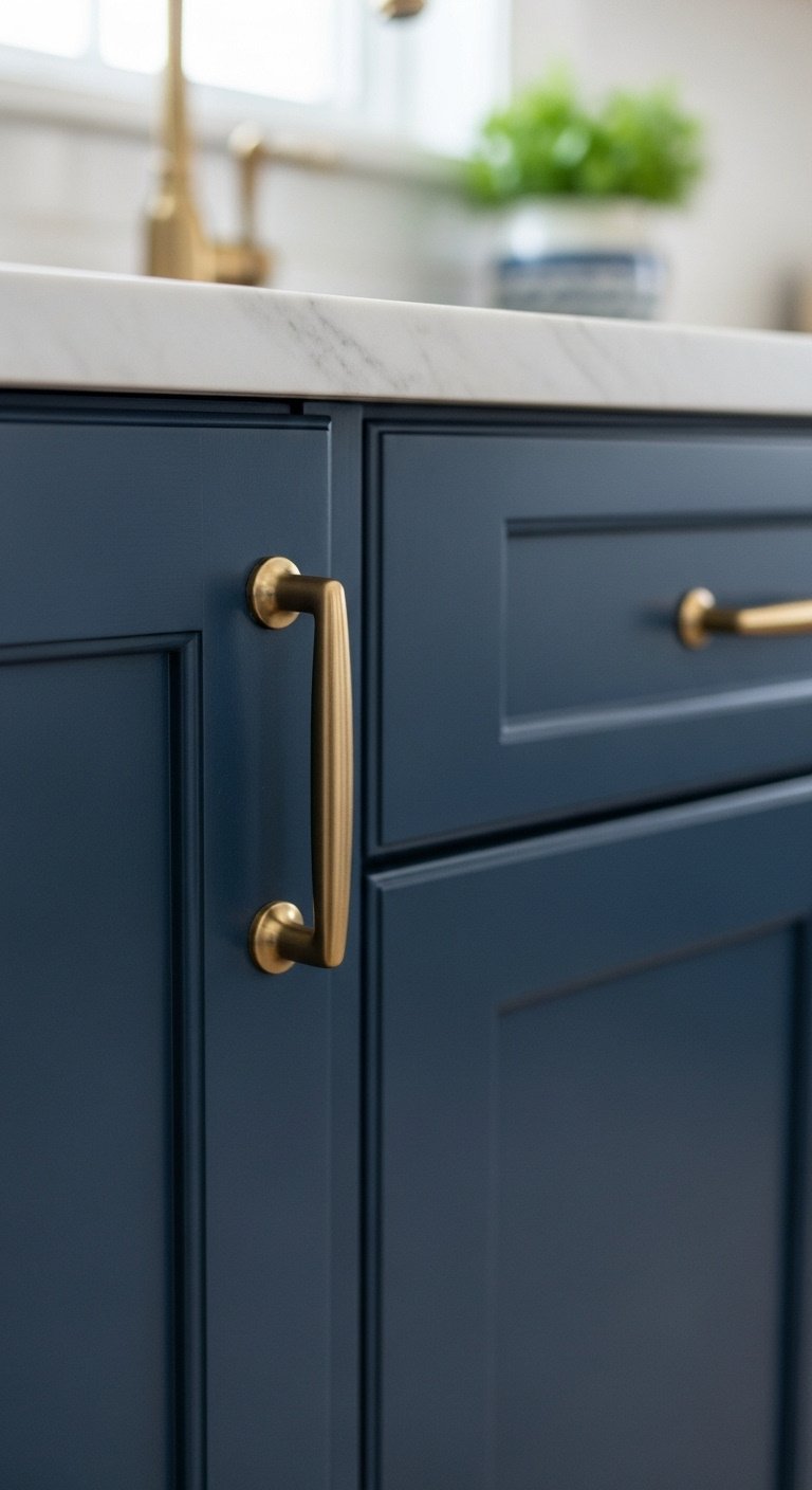 painting-kitchen-cabinets-deep-navy-blue-shaker-style-brushed-brass-handle