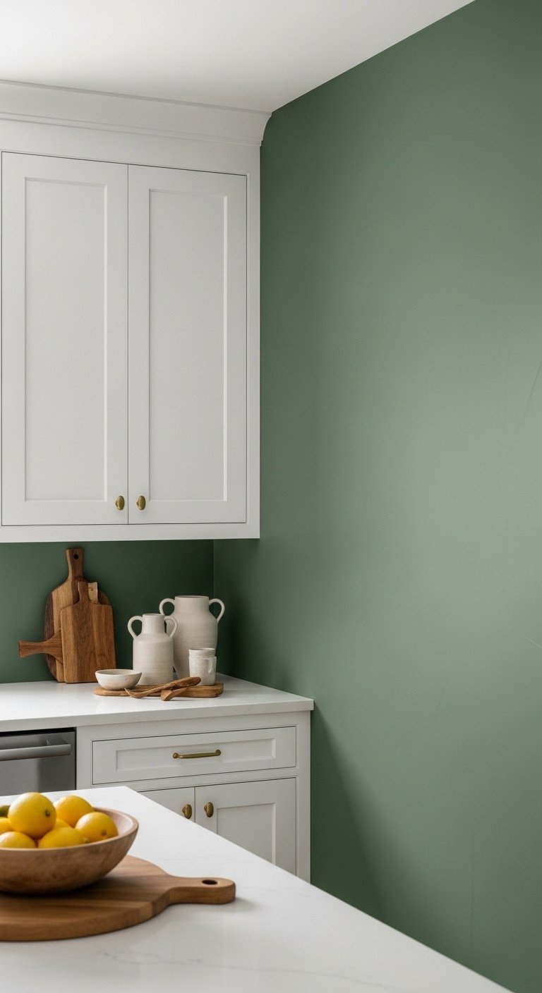 painting-kitchen-walls-sage-green-white-cabinets-ceramic-vases-wooden-bowl-lemons