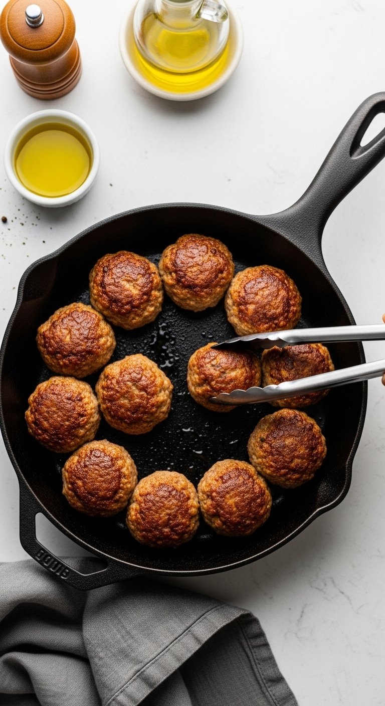 pan-frying-meatballs-in-cast-iron-skillet-with-crispy-browned-crust-and-tongs