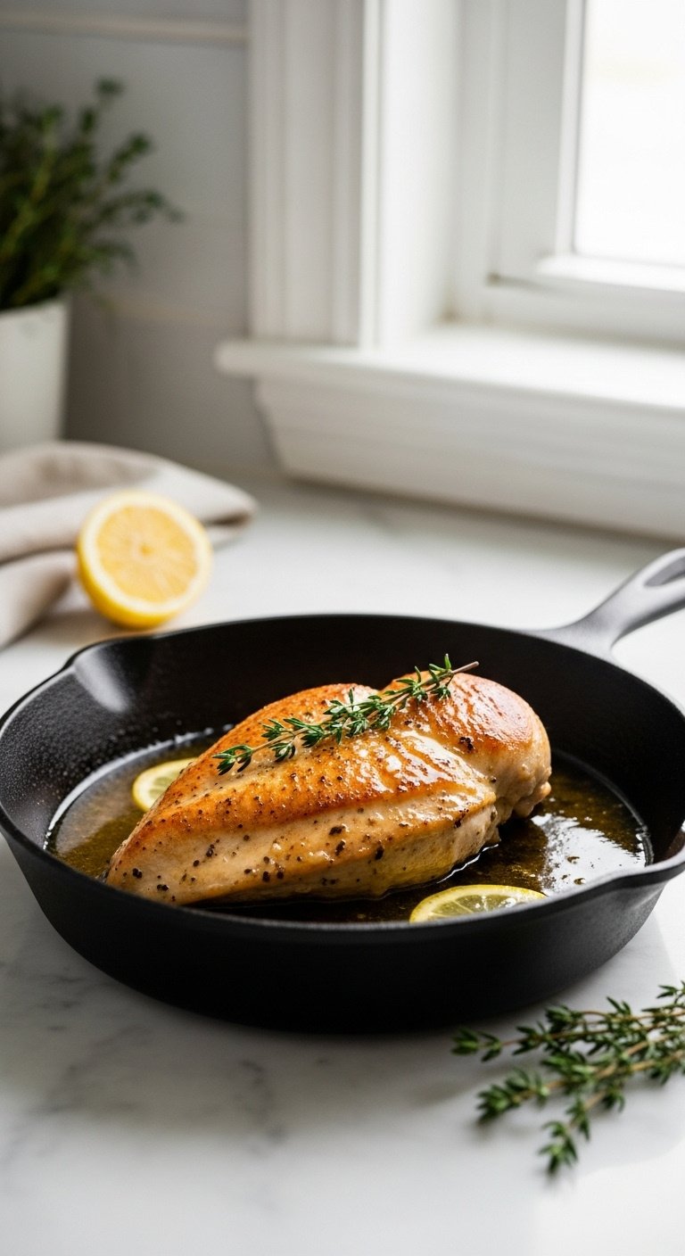 pan roasted chicken breast with lemon herb sauce and thyme in cast iron skillet vertical portrait