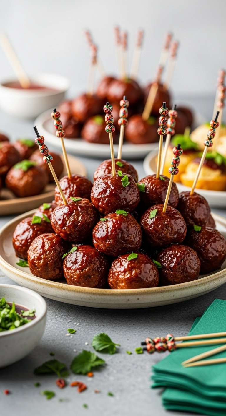 party-perfect-appetizer-meatballs-glossy-saucy-toothpicks-ceramic-platter-dipping-sauce-fresh-herbs