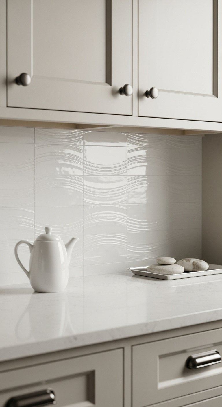 pearl white ceramic backsplash embossed wave pattern light beige quartz countertop delicate ceramic teapot polished silver tray high resolution 8K
